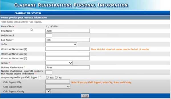 claimant registration personal information nevada unemployment