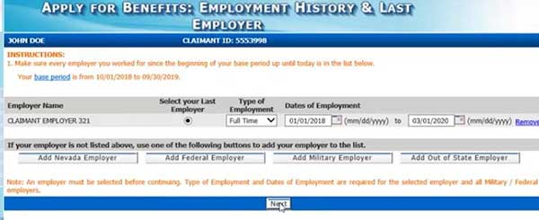 employment history and last employer nevada unemployment